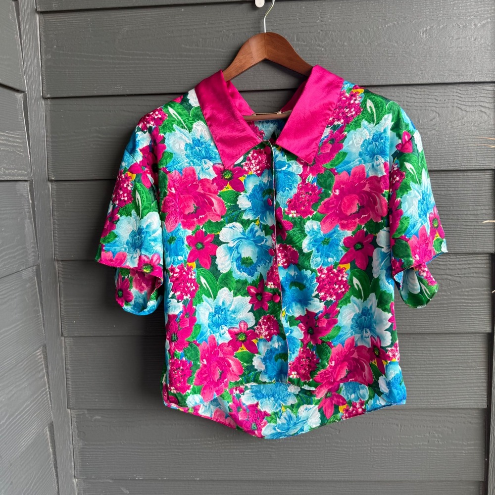Vintage Victoria's Secret Floral Satin Pajama Set Hot Pink Medium - Picture 3 of 16